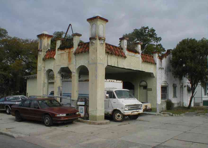 Belmont-Devillers:-Gas-Station_00.jpg:  gasoline, spanish revival architecture, service station, arch, red tile roof