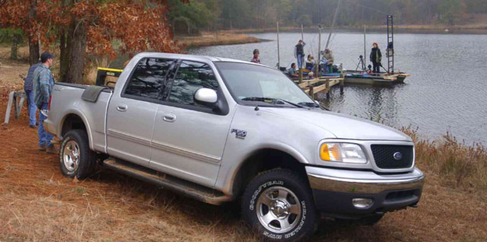 Century:-Bluff-Springs-Campground_10.jpg:  ford truck, oak trees, lake, pier, pond, fog