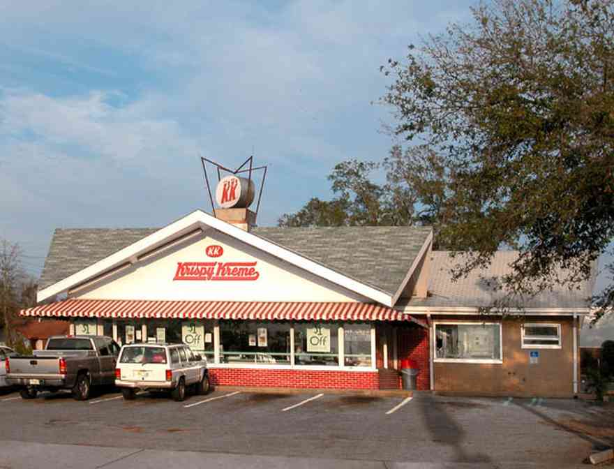 East-Hill:-Krispy-Kreme-Donut-Shop_02.jpg:  donut shop, 1960's architectural style, striped awning, neon sign