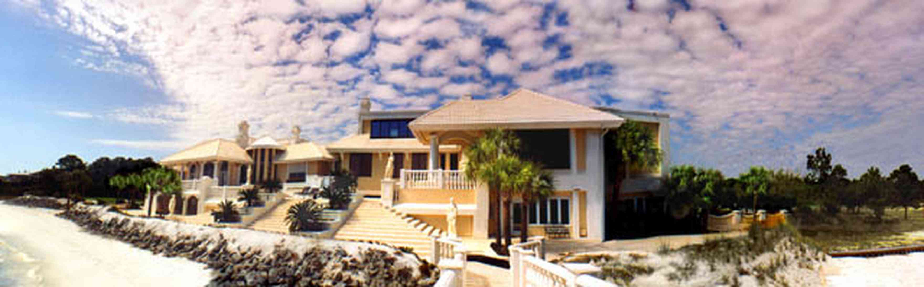 Gulf-Breeze:-Levin-House_01a.jpg:  cirrus clouds, mansion, italienate mansion, beach, bay, greek statues, palm trees