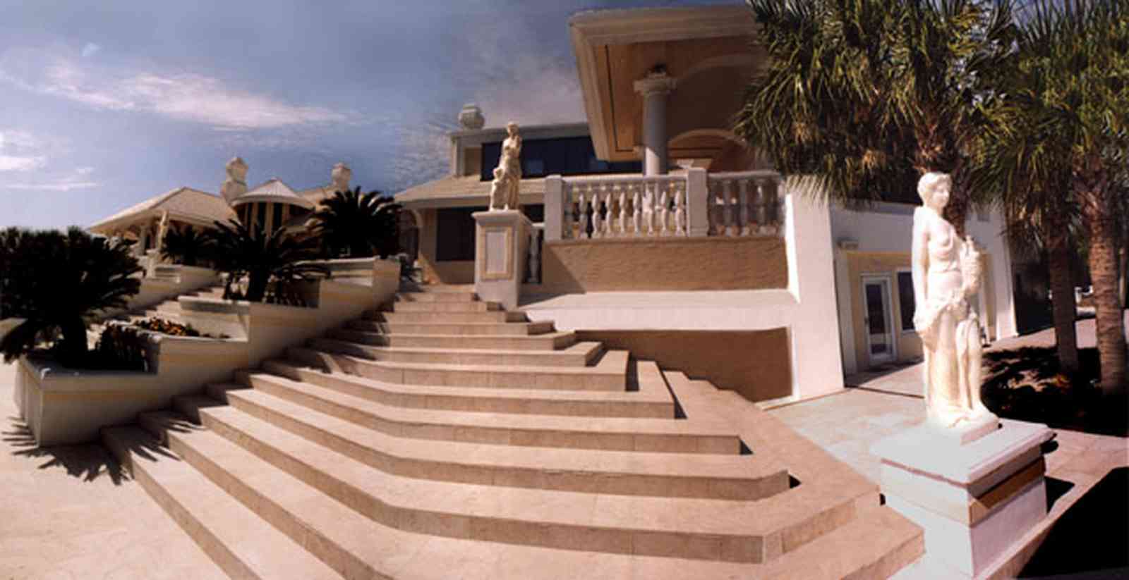 Gulf-Breeze:-Levin-House_05.jpg:  greek statues, marble steps, balustrade, italienate mansion