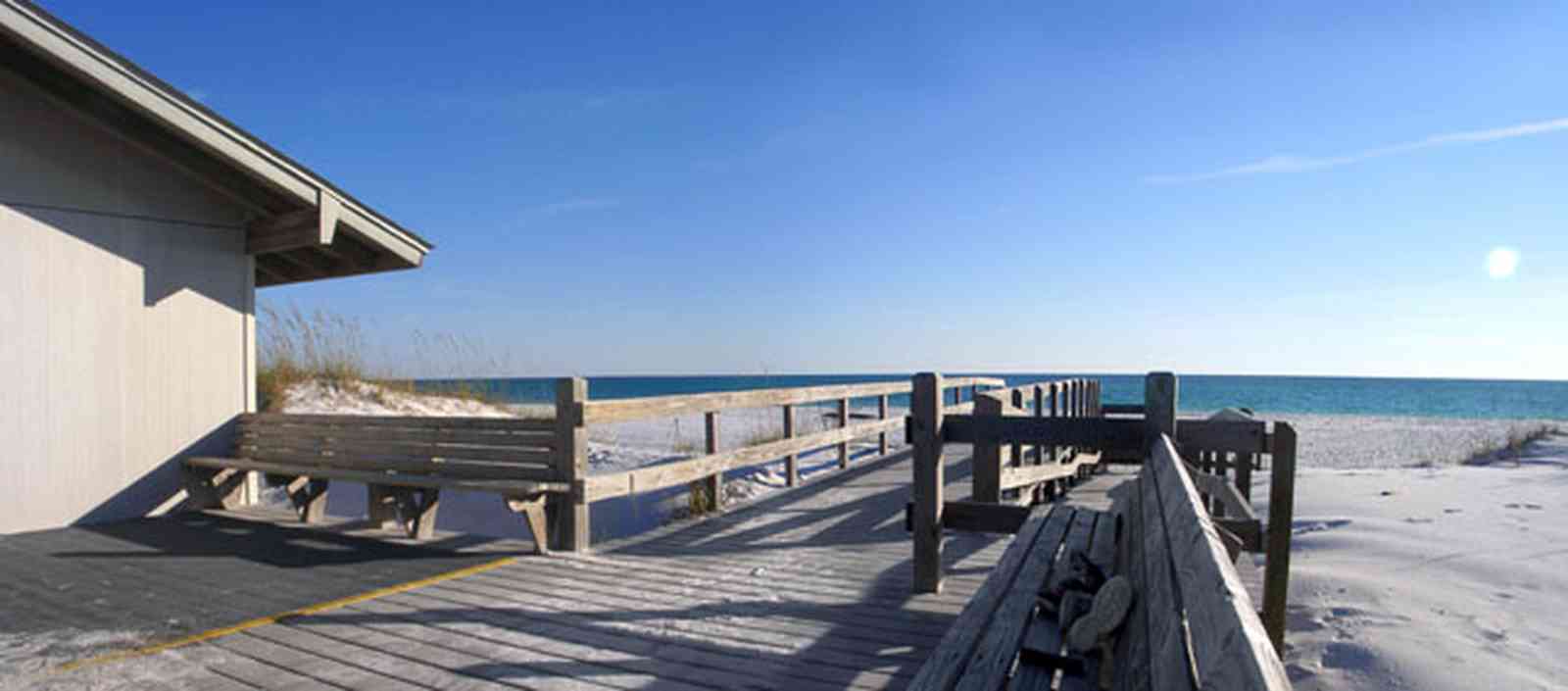Gulf-Islands-National-Seashore:-Langdon-Beach_05.jpg:  walkover, deck, walkway, path, bench, dunes, gulf of mexico, railings pier, sand, sea oats