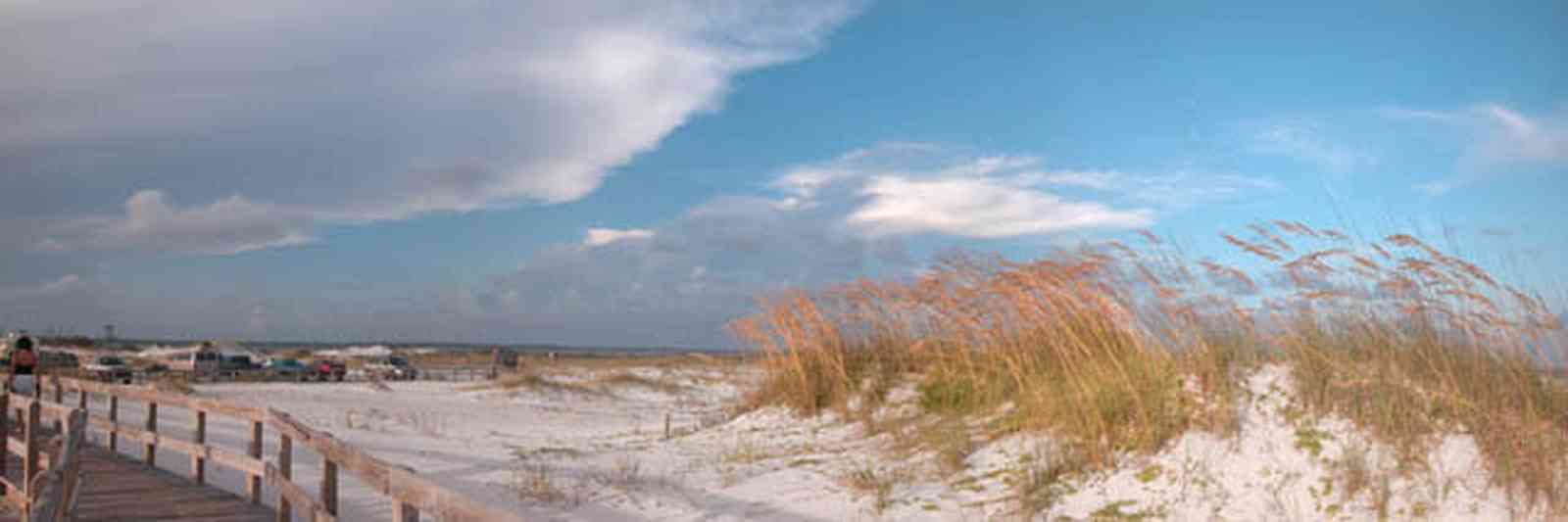 Gulf-Islands-National-Seashore:-Opal-Beach_07.jpg:  dunes, sea oats, boardwalk, parking lot, mixed skies, gulf of mexico, beach habitat, barrier island, quartz sand, fiddler crab