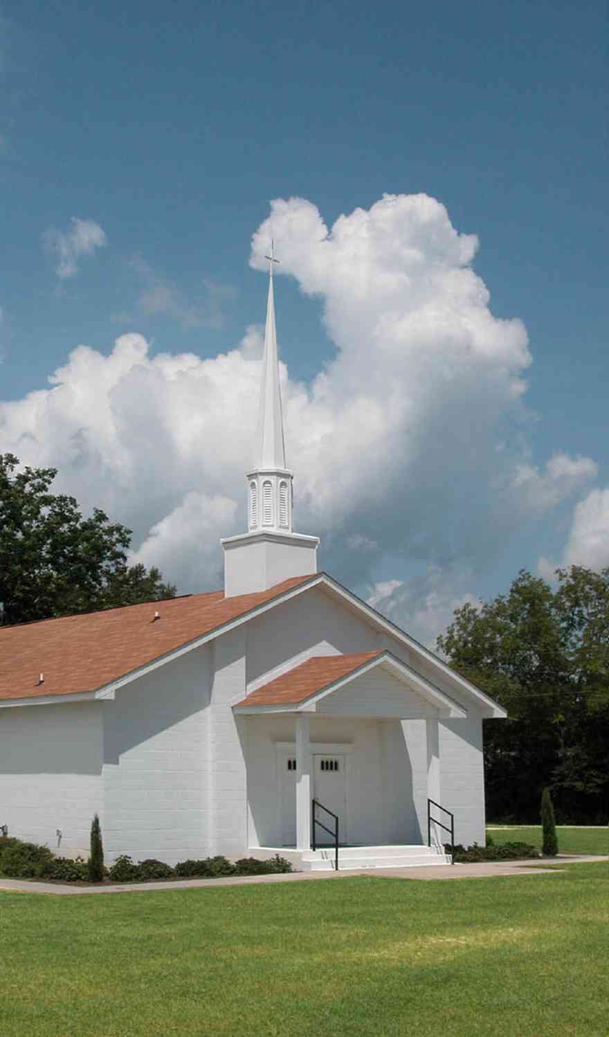 Hollandtown:-New-Bethel-Baptist-Church_03.jpg:  white church, steeple, cotton field, farm, farmland, worship, santa rosa county, 