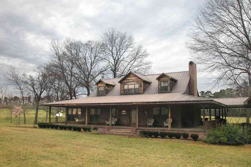 Milton:-Floyd-Farm_01.jpg:  porch, deck, fireplace, log cabin, hills, valley, pond, oak trees
