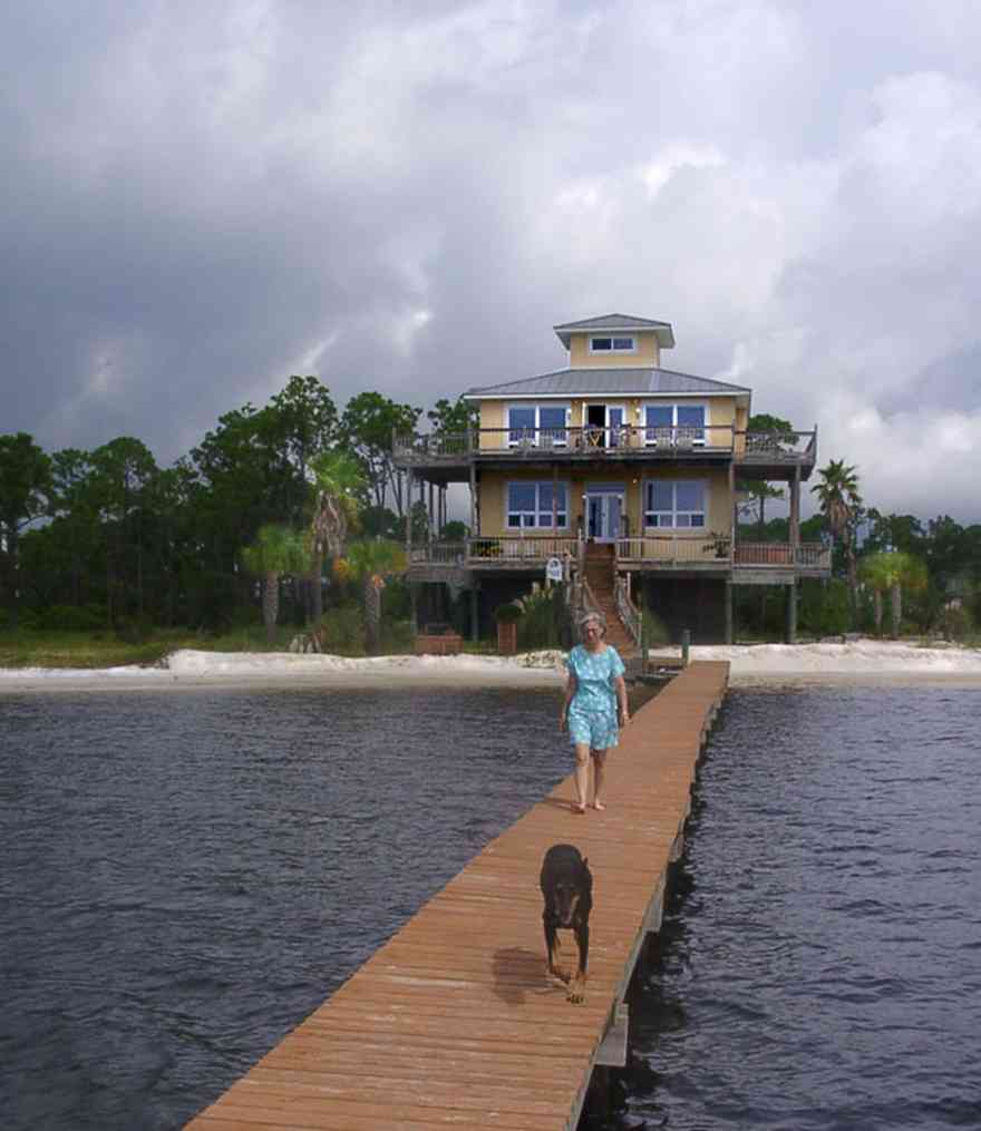 Navarre:-Biscayne-Pointe-Drive-House_24.jpg:  pier, deck, house, sand, dog, palm tree, beach house, , 
