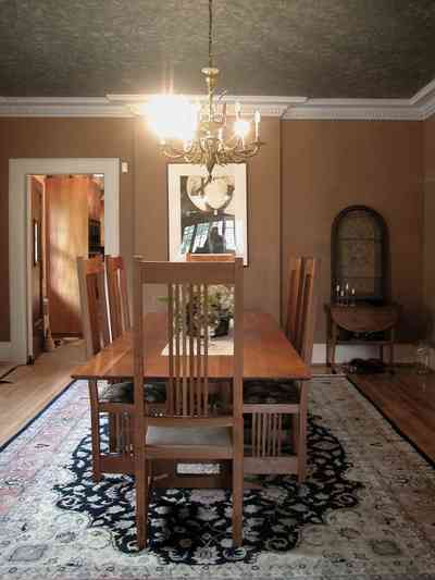 North-Hill:-284-West-Gonzales-Street_19.jpg:  dining room, table, oriental rug, chandelier, craftsman cottage, 