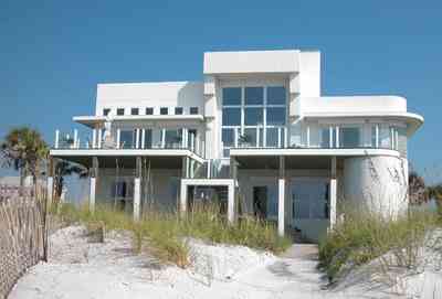 Pensacola-Beach:-Ariola-Drive-Art-Deco-House_01.jpg:  sand, crystal sand, white sand, sugar sand, sea oats, bauhaus architectural style, palm trees, dune restoration, beachfront property