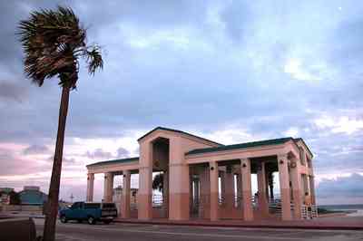 Pensacola-Beach:-Casino-Beach-Pavillion_04.jpg:  temple, pavillion, amphitheater, palm tree, beachfront, parking lot, 