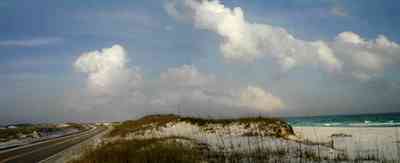 Pensacola-Beach:-Road_04.jpg:  santa rosa island, escambia county, pensacola beach, white sand, dunes, cumulus clouds, surf, emerald coast
