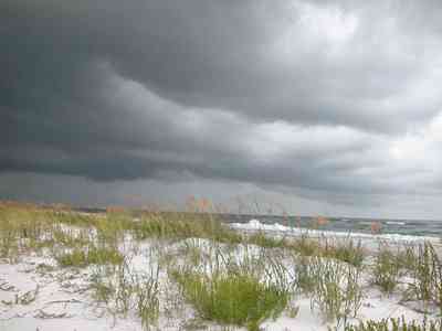 Pensacola-Beach:-Sea-Oats_03.jpg:  surf, dunes, gulf of mexico, waves, storm, cumulus clouds, crystal white sand, 