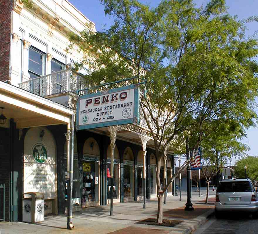 Pensacola:-Palafox-Historic-District:-Penko-Restaurant-Supply_01.jpg:  historic district, restaurant supply, victorian building, metal work, wrought iron, balcony