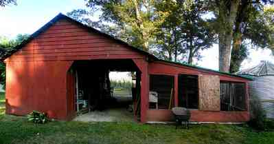 Walnut-Hill:-Dempsey-Farm_06a.jpg:  corn field, chickens, barn, corn crib, corn field, farmland, pasture, fields, craftsman cottage, chicken coop, red barn, bungalo, 