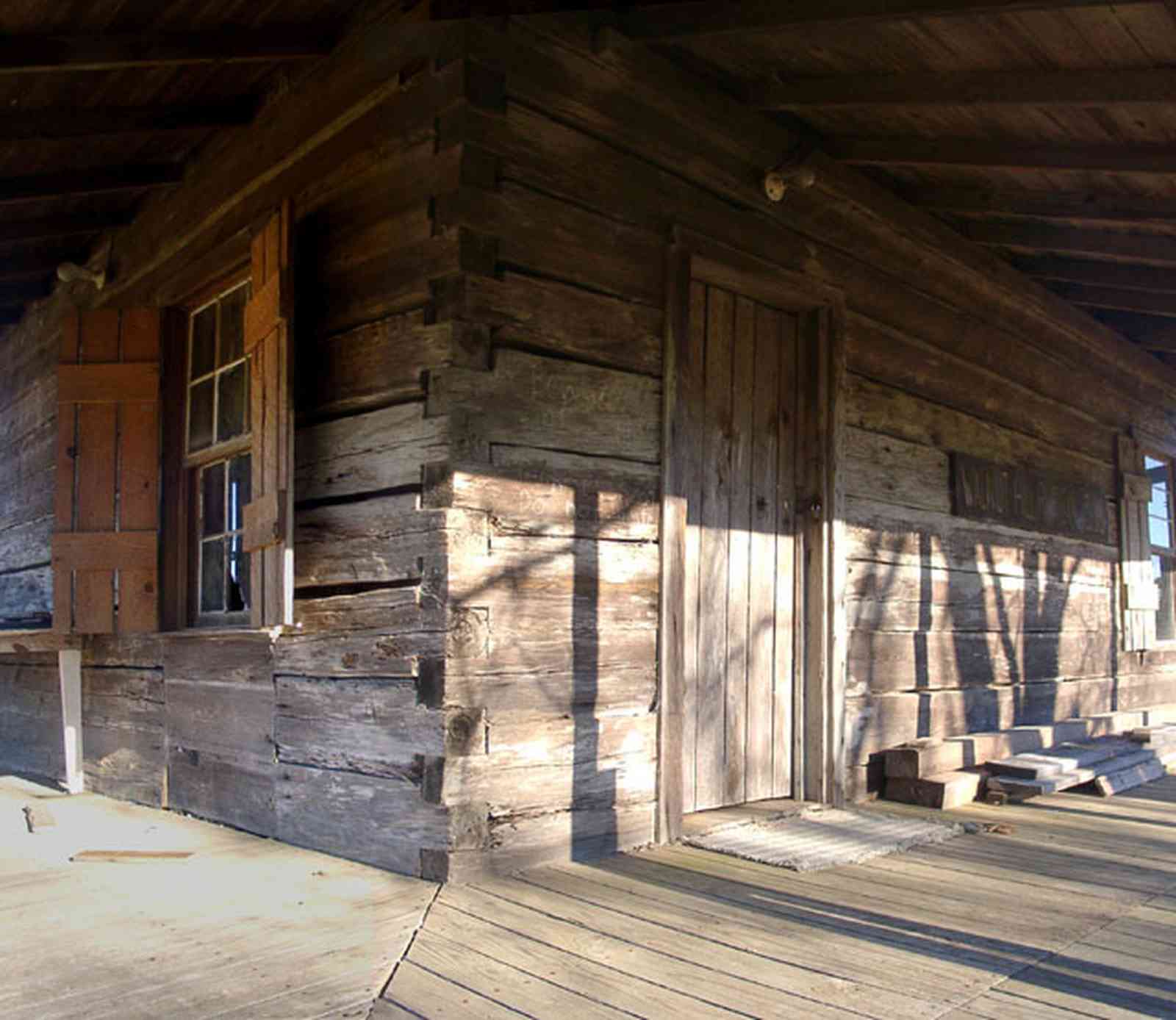 Walnut-Hill:-School_05.jpg:  log cabin, shutters, porch