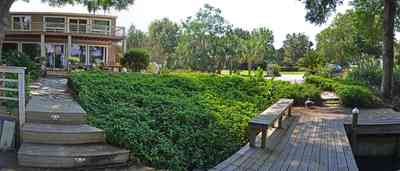 409+Montrose+Blvd-front+yard_05.jpg:  deck, bench, oak trees, boat house, 