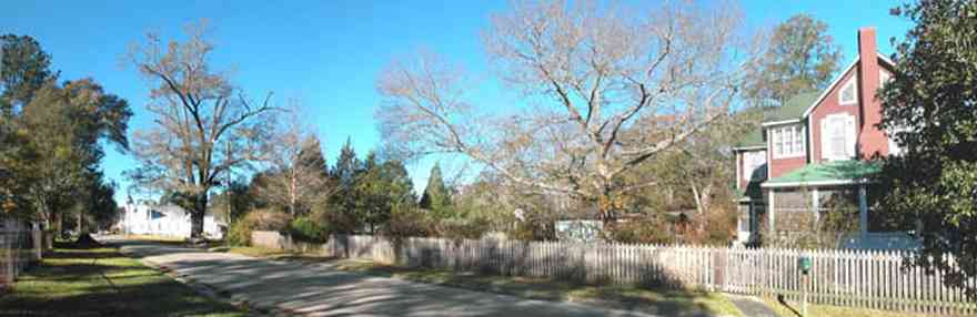 Century:-Historic-District:-Church-And-Jefferson-Streets_01.jpg:  picket fence, magnolica tree, church, pecan tree, small town
