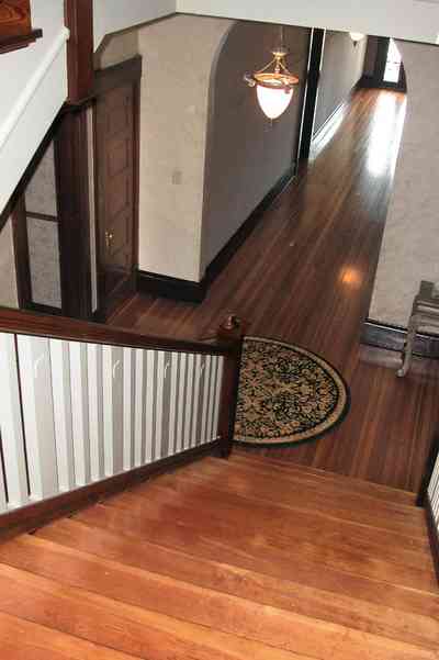 Century:-Tannenheim_01t.jpg:  staircase, stairs, oriental rug, heart pine lumber, heart pine floor, second floor