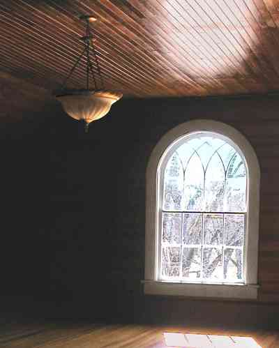 Century:-Tannenheim_01v.jpg:  leaded glass window, ballroom, wood floor, wood walls, wooden ceiling, heart pine lumber