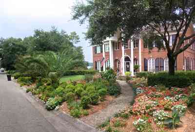 East-Hill:-2000-Whaley-Avenue_02.jpg:  red brick house, impatiens, box hedges, oak trees, columns, shutters, brick veneer, flower garden, 