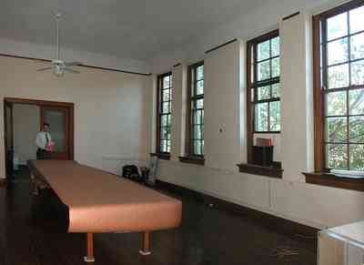 East-Hill:-Tower-East:-Old-Sacred-Heart-Hospital_41.jpg:  classroom, gothic revival architecture, ceiling fam, table, tom roush
