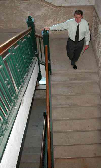 East-Hill:-Tower-East:-Old-Sacred-Heart-Hospital_51.jpg:  staircase, tom roush, grantite stairs, metal balustrade