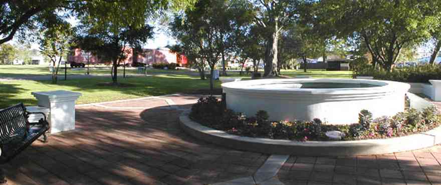 Foley:-Park_01.jpg:  fountain, town square, park, train station, oak tree, flower garden