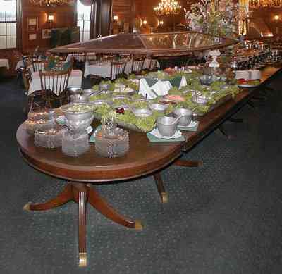 Foley:-The-Gift-Horse-Restaurant_04.jpg:  buffet table, restaurant, chandelier, leaded glass doors, duncan phyfe table, silver compote