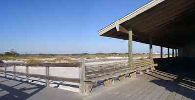 Gulf-Islands-National-Seashore:-Langdon-Beach_04.jpg:  bench, walkway, boardwalk, dune, picnic shelter