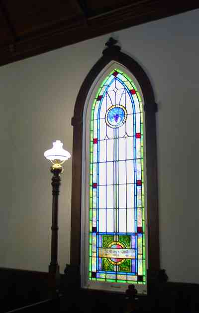 Milton:-Historic-District:-St.-Mary-Episcopal-Church_08.jpg:  stained glass window, pew, church