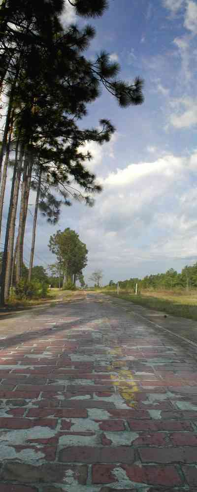 Milton:-Red-Brick-Road_11.jpg:  brick road, historic marker, highway, highway 90, two-lane road, red brick