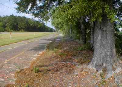 Milton:-Red-Brick-Road_12.jpg:  brick road, historic marker, highway, two-lane road, red brick