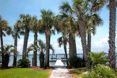 Navarre:-7332-Grand-Navarre-Blvd_04.jpg:  palm trees, dock, pier, deck, santa rosa sound, gulf of mexico