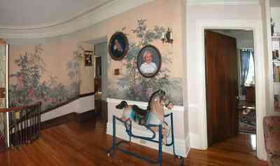 North-Hill:-105-West-Gonzales-Street_61.jpg:  scenic wallpaper, hardwood floors, elevator, staircase, family portraits, waintscotting