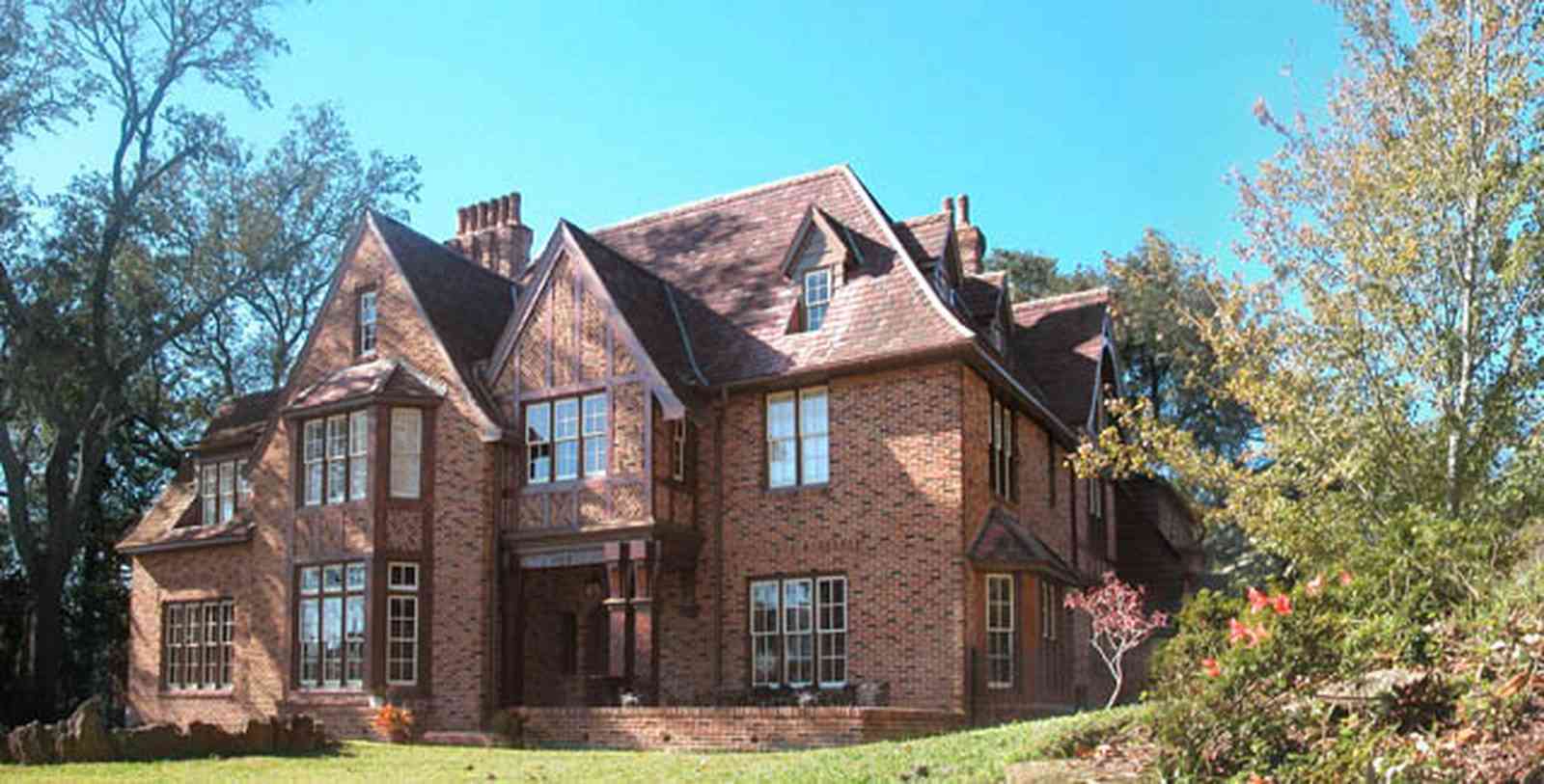 North-Hill:-1125-Spring-Street_02b.jpg:  tudor architectural style, gothic revival style, brick house, oak tree, period house