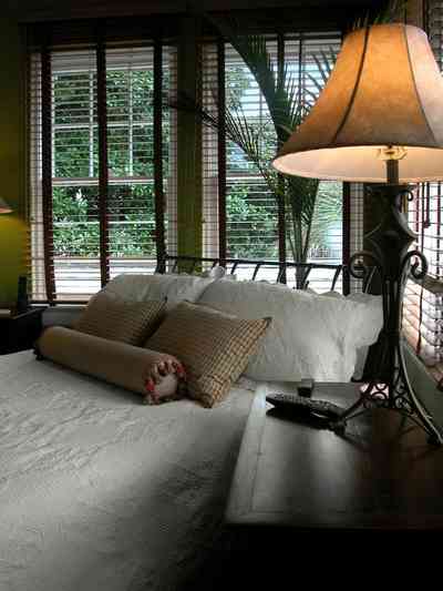 North-Hill:-123-West-Lloyd-Street_39.jpg:  master bedroom suite, wrought-iron bed, ventian blinds, wooden blinds