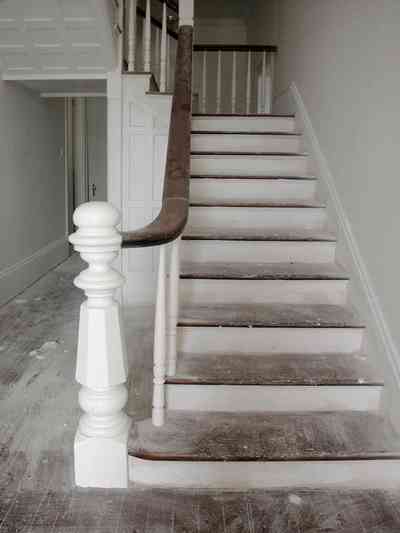 North-Hill:-200-West-Jackson-Street_22.jpg:  staircase, front hall, bannister, newel post, heart pine floor, victorian house