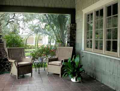 North-Hill:-284-West-Gonzales-Street_10.jpg:  wicker furniture, palm tree, shake sideing, craftsman cottage, tile floor