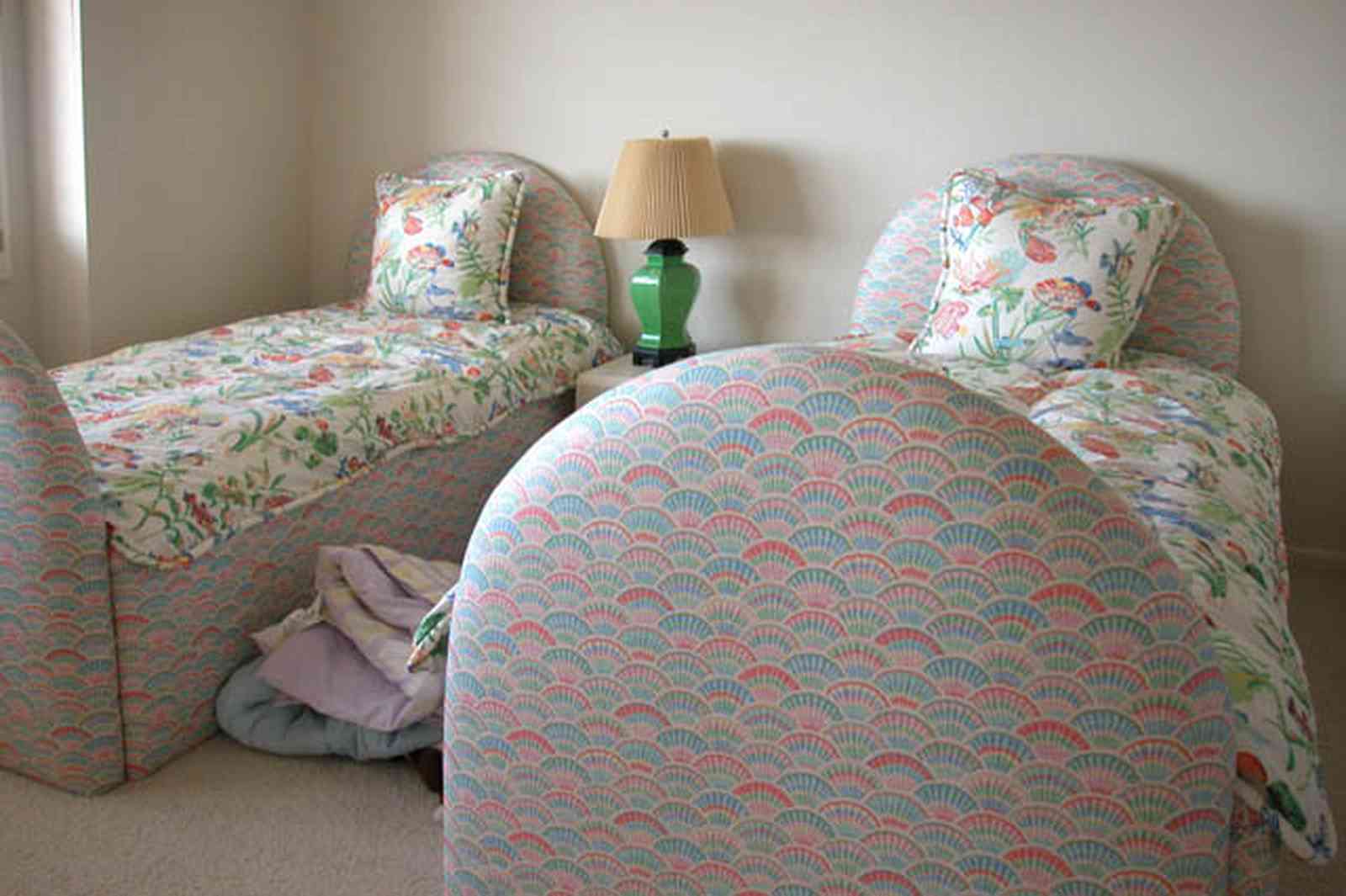 Pensacola-Beach:-1212-Ariola-Drive_18.jpg:  children's bedroom, crewel bedspread, 1950's lamp, carpet, pink room, beach house