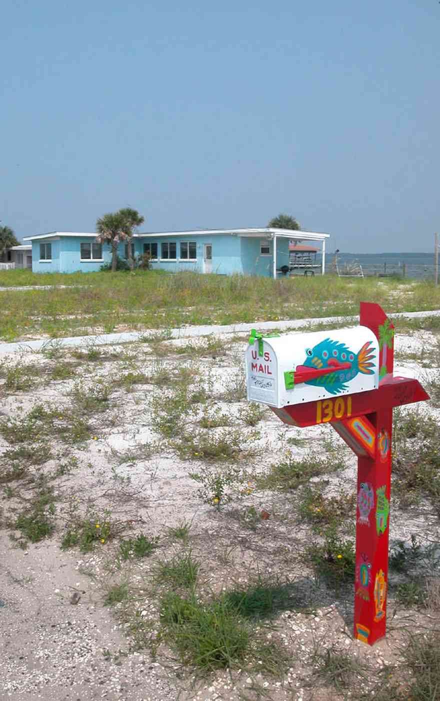 Pensacola-Beach:-1301-Panferio-Drive_01.jpg:  1950's architecture, mailbox, carport, pensacola bay, palm trees, cement block house