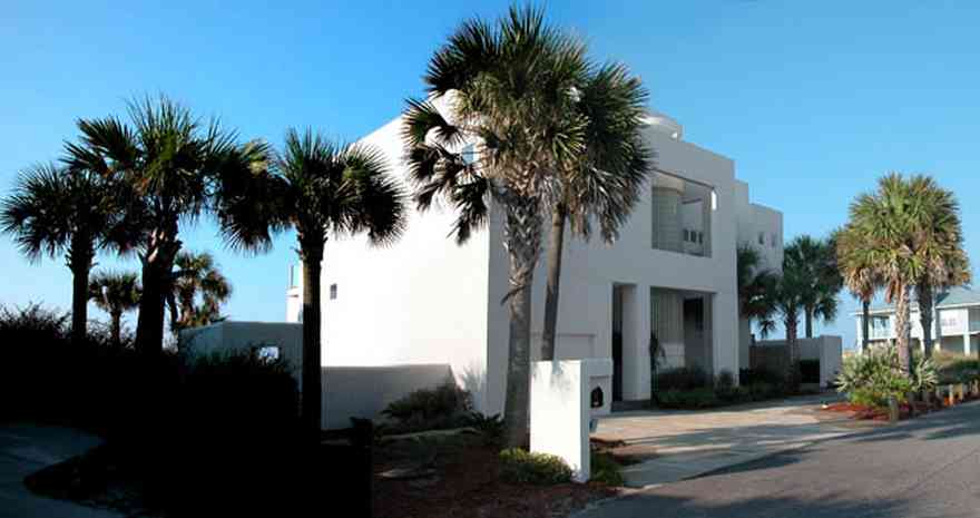 Pensacola-Beach:-Ariola-Drive-Art-Deco-House_15.jpg:  sand, crystal sand, white sand, sugar sand, sea oats, bauhaus architectural style, palm trees, dune restoration, stairs, glass railing, wooden deck, stucco, beachfront property