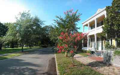 Pensacola:-Historic-Pensacola-Village:-Dorr-House_13.jpg:  town square, park, oak tree, crepe myrtle tree, magnolia tree, folk victorian, picket fence