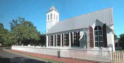 Pensacola:-Historic-Pensacola-Village:-Old-Christ-Church_03.jpg:  plaque, historic marker, brick structure, religious service, church house, picket fence, seville square, victorian village
