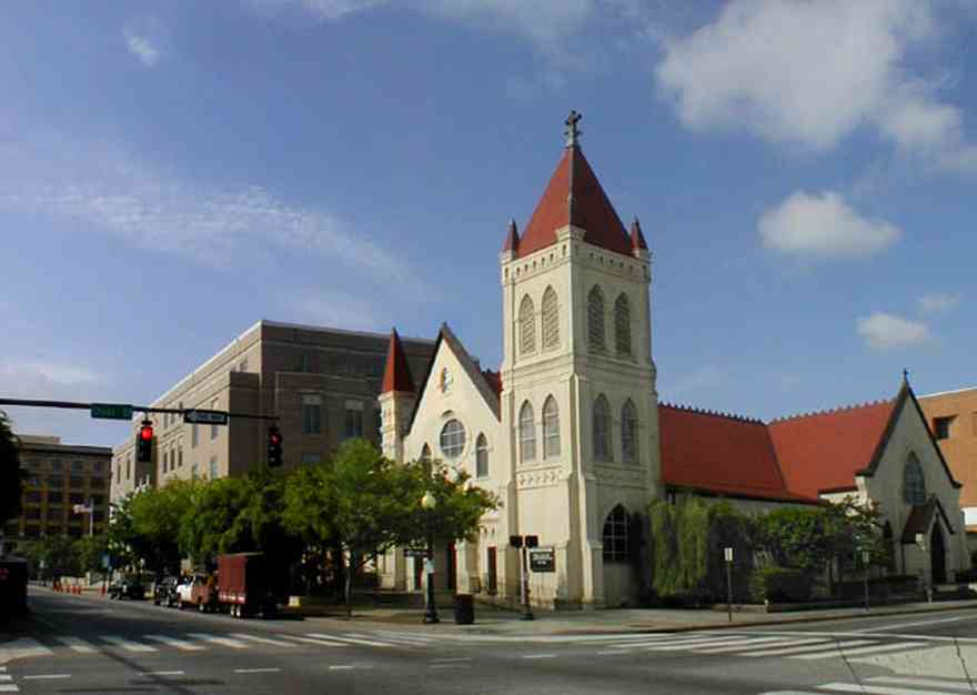 Pensacola:-Palafox-Historic-District:-St-Michael-Church_01.jpg:  catholic, church, palafox street, downtown pensacola, stucco, red tile roof, stained glass windows, mass, 