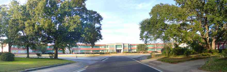 Pensacola:-Pensacola-High-School_01.jpg:  high school, oak trees, north hill preservation district, a street