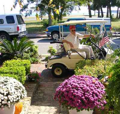 Pensacola:-Seville-Historic-District:-BW-Properties_30.jpg:  golf cart, bob quigley, chrysanthamum. escambia bay, bayfront parkway