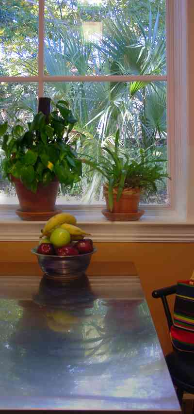 Pensacola:-Seville-Historic-District:-Woodcock-Galleries_16.jpg:  bromeliad, fruit, stainless steel table, banana, pear, apple, bowl of fruit, kitchen