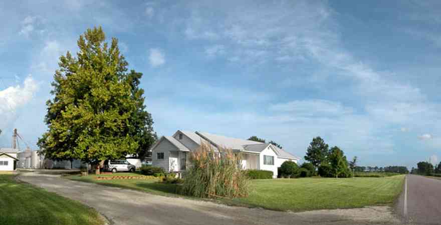 Walnut-Hill:-5490-Arthur-Brown-Road_01.jpg:  sycamore tree, farmhouse, country road, two-lane road, barn, silo, farmhouse, gravel driveway