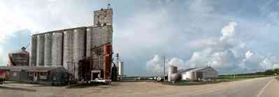 Walnut-Hill:-Escambia-Grain-Corp_03.jpg:  grain elevator, barn, silo, farmland, cotton field, two-lane road, country road